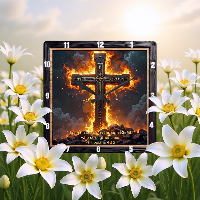 Horloge Carrée The Cross Rock Base Philippians 4:13 Verse (Créateur téléchargé)