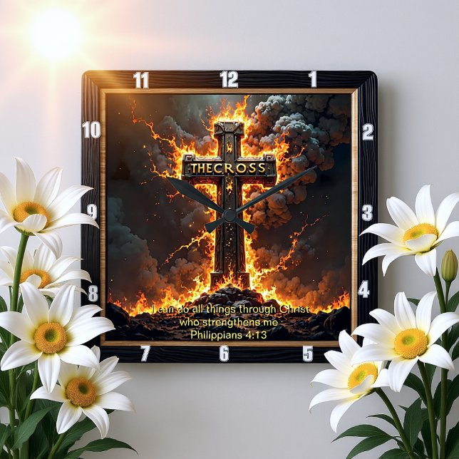Horloge Carrée The Cross Storm Cloud Philippians 4:13 Verse (Créateur téléchargé)