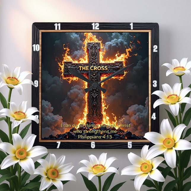 Horloge Carrée The Cross Victory Faith Philippians 4:13 Verse (Créateur téléchargé)