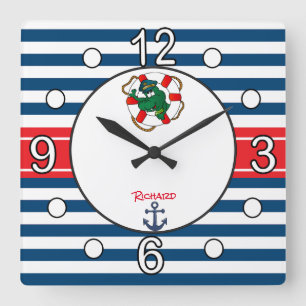 Horloge Carrée Thème de nurserie de l'alligator nautique mignon