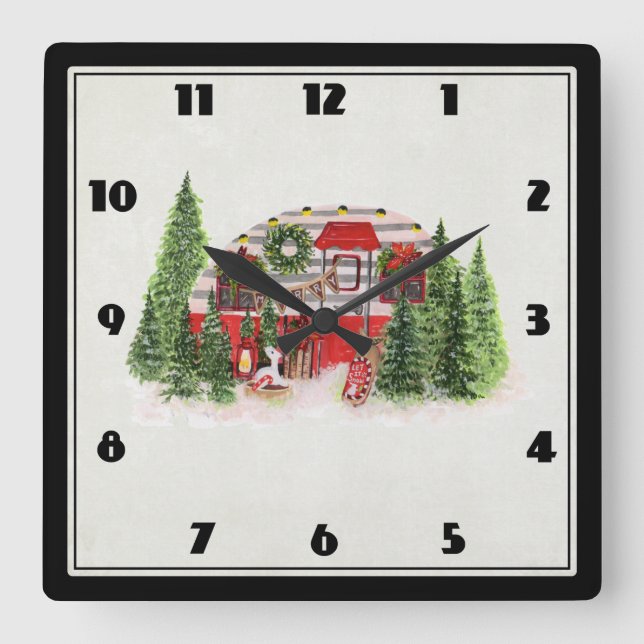 Horloge Carrée Thème extérieur du camping de Noël Trailer (Recto)