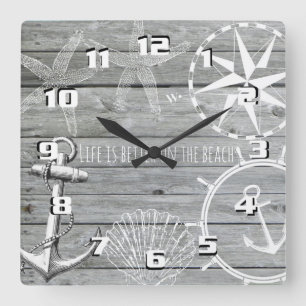 Horloge Carrée Thème nautique vintage en bois rustique La vie est