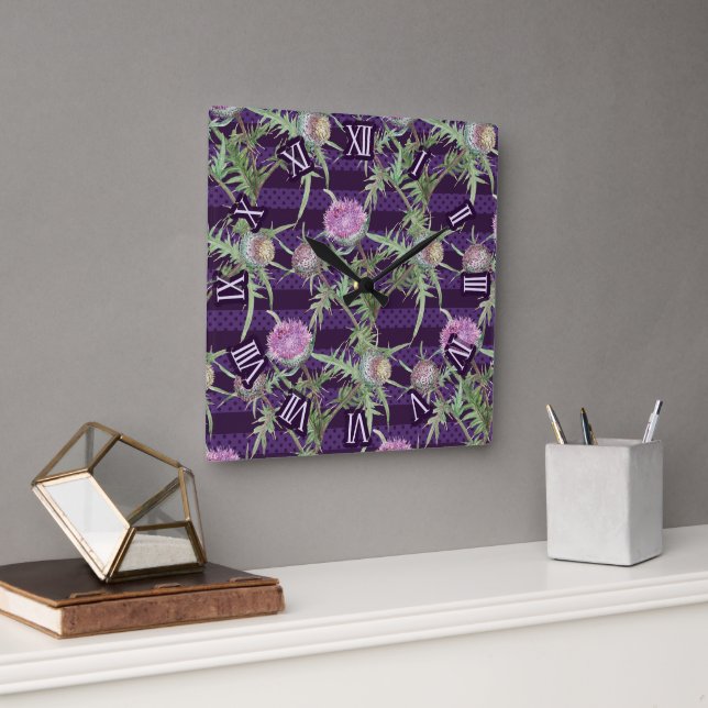 Horloge Carrée Thistle violet flowers (Bureau)