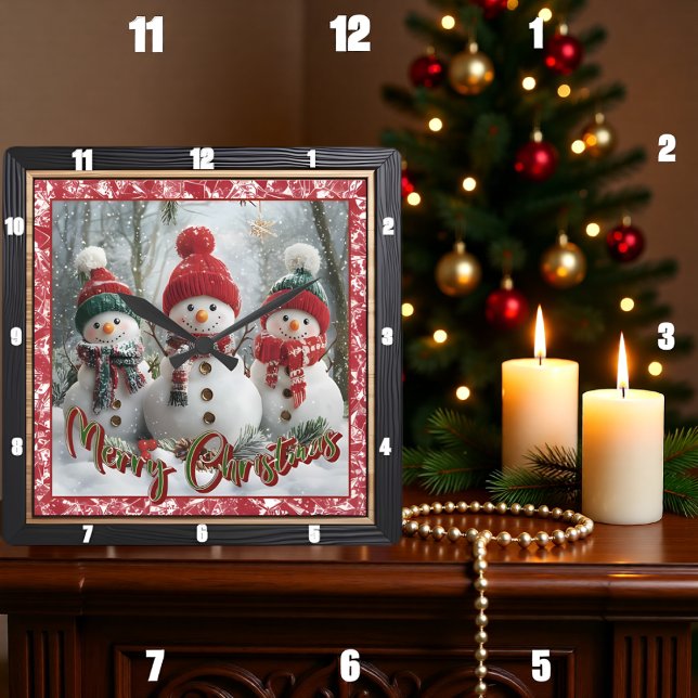Horloge Carrée Three Snowmen Merry Christmas (Créateur téléchargé)