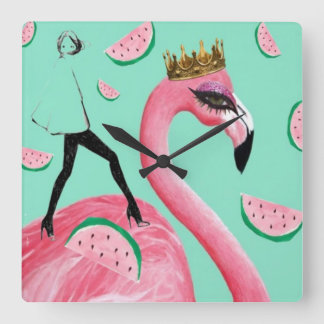 Horloge Carrée Tickled pink & Teal Flamingo cute pop art clock