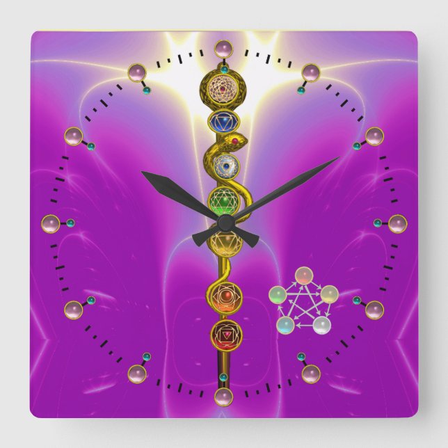 HORLOGE CARRÉE TIGE D'ASCLEPIUS 7 CHAKRAS, YOGA, ÉNERGIE (Recto)