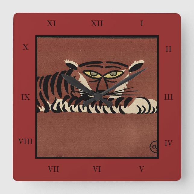 Horloge Carrée Tigre - Antiquaire, Illustration de livre coloré (Recto)