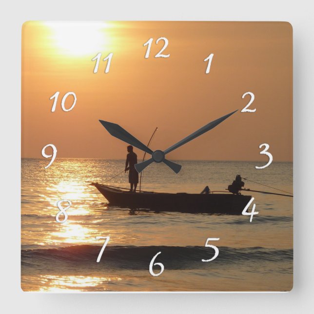 Horloge Carrée Time to go Fishing Clock Sunset (Recto)