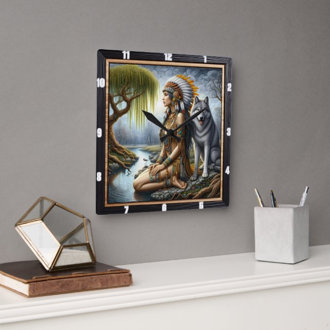 Horloge Carrée Timekeeper indien : Wolf et Maiden's Glade (Bureau)