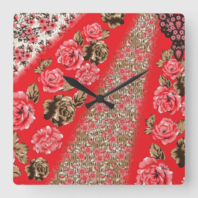 Horloge Carrée Tissu rouge éclatant avec floral complexe et (Recto)
