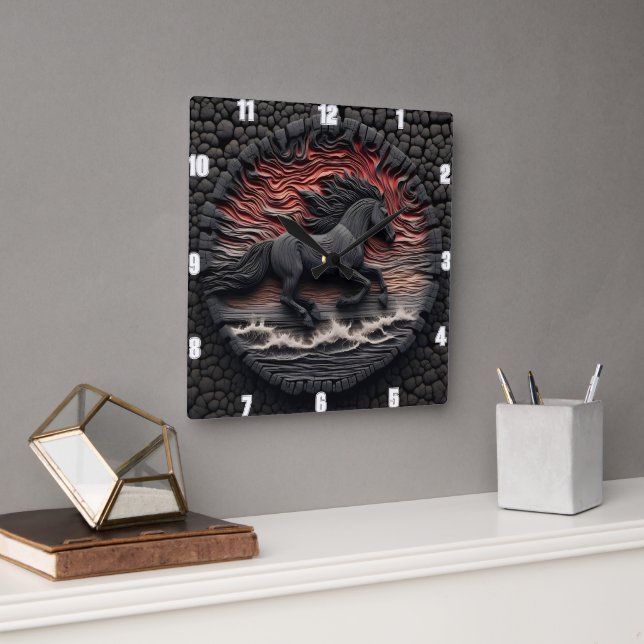 Horloge Carrée Titre : Wave Gallop Craft : Look sculpté équestre (Bureau)
