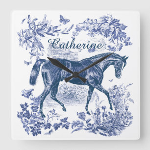 Horloge Carrée Toile de pays élégante vintage cheval bleu