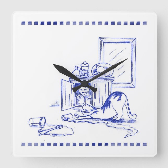 Horloge Carrée Toilettes Papier Amusant Kitty Chat Salle de bain  (Recto)