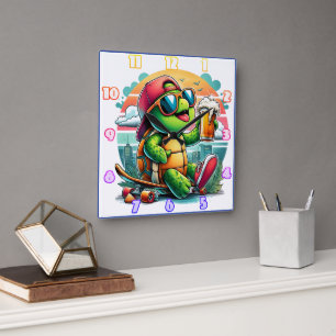 Horloge Carrée Tortue cool se reposant avec un verre sur la prome
