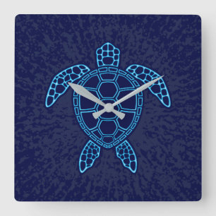 Horloge Carrée Tortue de mer au design symétrique néon bleu lava