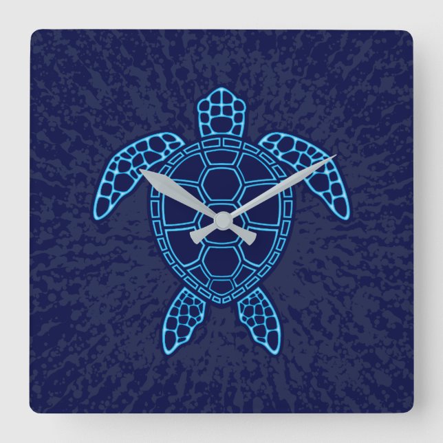 Horloge Carrée Tortue de mer au design symétrique néon bleu lava (Recto)