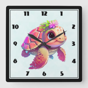 Horloge Carrée Tortue de mer rose fantaisiste et mignonne