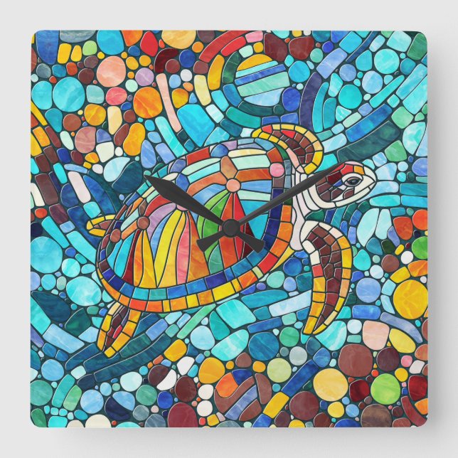 Horloge Carrée Tortue mosaïque colorée (Recto)