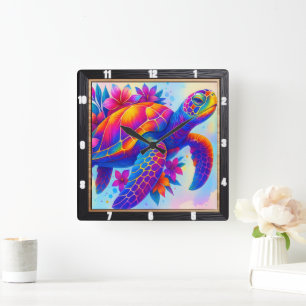 Horloge Carrée Tortue multicolore vibrante Océan
