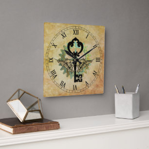 Horloge Carrée Touche aile Steampunk & Roue Cog
