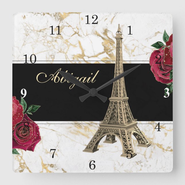 Horloge Carrée Tour Eiffel personnalisée Or, Rose Marbre blanc (Recto)