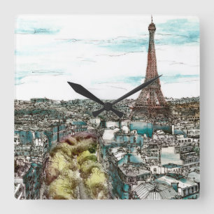 Horloge Carrée Tour Eiffel vintage des destinations dans la vue