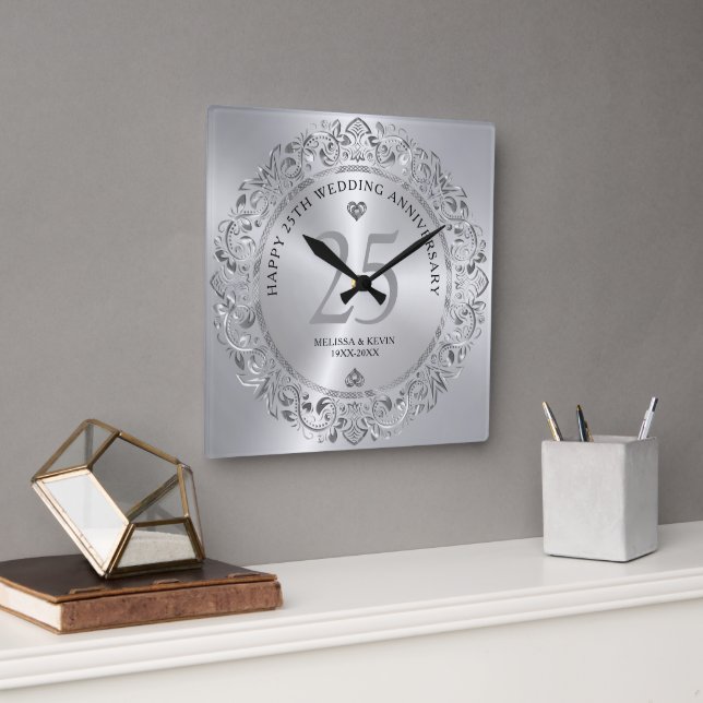 Horloge Carrée Tourbillons d'argent brillant Cercle 25 Mariage (Bureau)