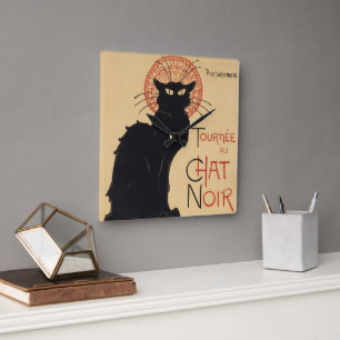 Horloge Carrée Tournée du Chat Noir Vintage Black Cat Art Nouveau