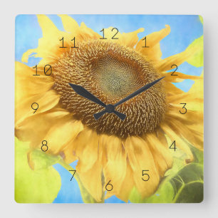 Horloge Carrée Tournesol Aquarelle Pays Jaune Bleu Russe