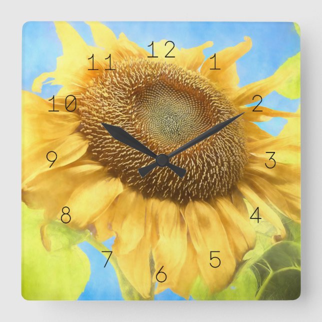 Horloge Carrée Tournesol Aquarelle Pays Jaune Bleu Russe (Recto)