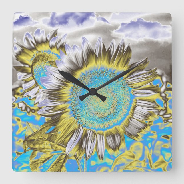 Horloge Carrée Tournesol bleu 2 (Recto)
