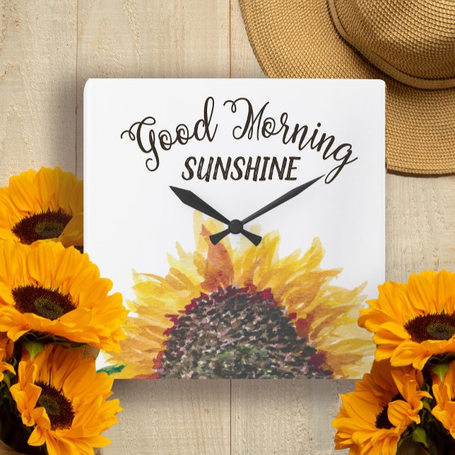 Horloge Carrée Tournesol Brown Jaune Blanc Bon Matin Soleil (Créateur téléchargé)