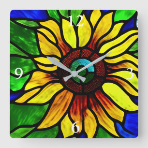 Horloge Carrée Tournesol de pays en verre teint rustique