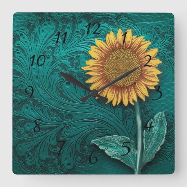Horloge Carrée Tournesol jaune en cuir turquoise (Recto)