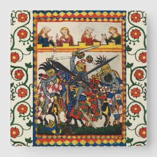 HORLOGE CARRÉE TOURNOI MÉDIÉVAL, COMBAT KNIGHTS ET DAMSELS