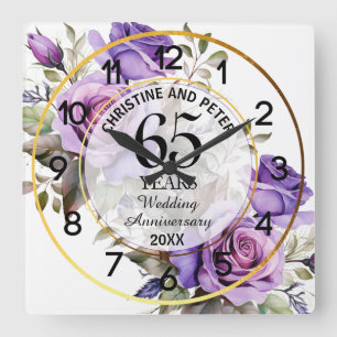 Horloge Carrée Tout mariage cadre or roses violettes Anniversaire