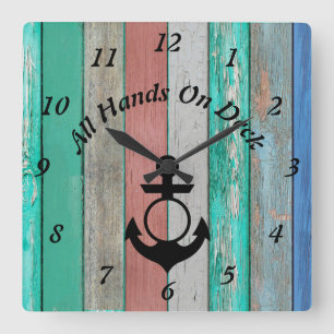 Horloge Carrée Toutes les mains sur le pont - Plaque en bois naut