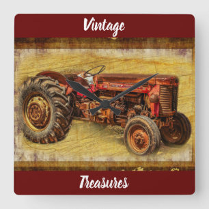 Horloge Carrée Tracteur rouge antique