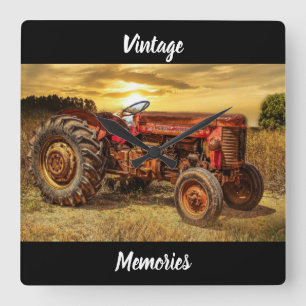 Horloge Carrée Tracteur Vintage Red Farm