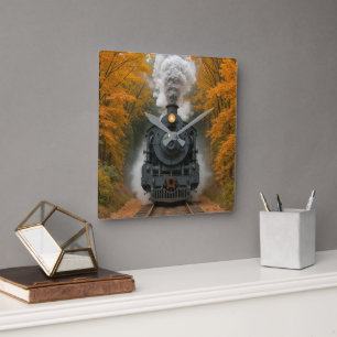 Horloge Carrée Train à vapeur vintage dans les bois d'automne