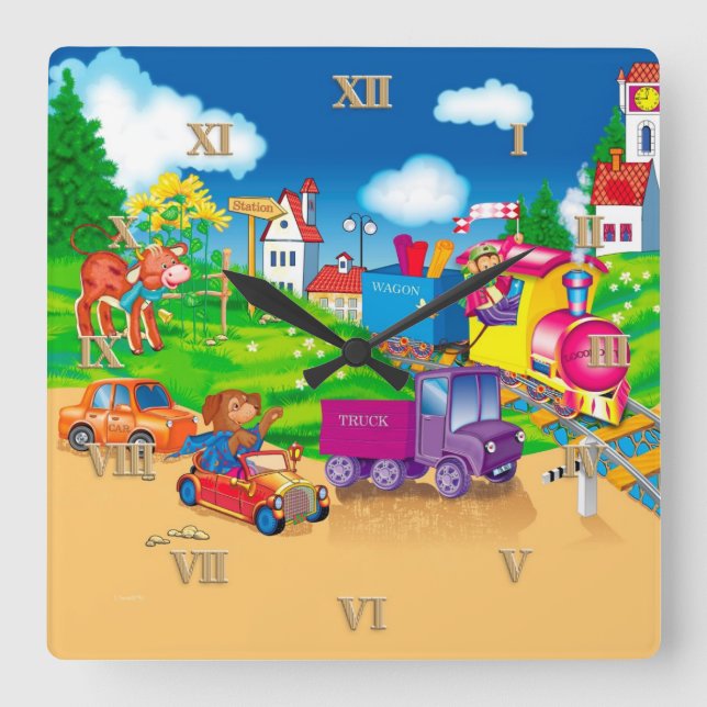 Horloge Carrée train et voiture (Recto)