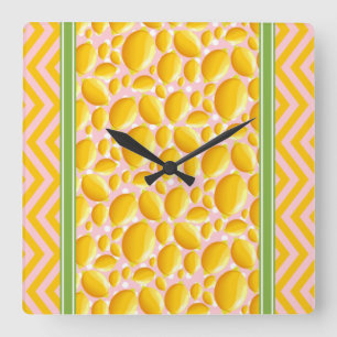 Horloge Carrée Tranche de Citron Mignonne à Points et Chevron Jau