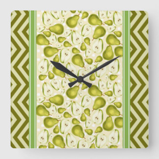 Horloge Carrée Tranche de poire mignonne pois et chevron vert
