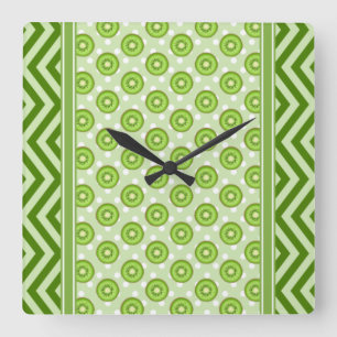 Horloge Carrée Tranches de Kiwi Mignon Pointillé & Chevron Vert