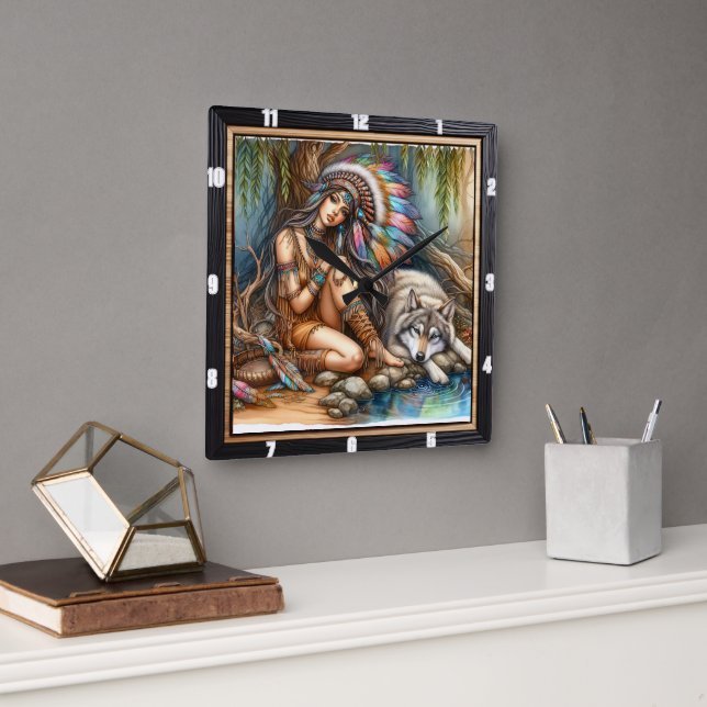 Horloge Carrée Tranquillité autochtone : Silver Pond Soir Paix (Bureau)