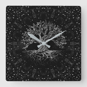Horloge Carrée Tree of Life Drawing Black and White