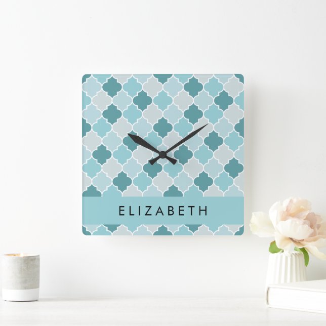 Horloge Carrée Trellis Bleu Marocain, Quatrefoil, Votre Nom (Maison)