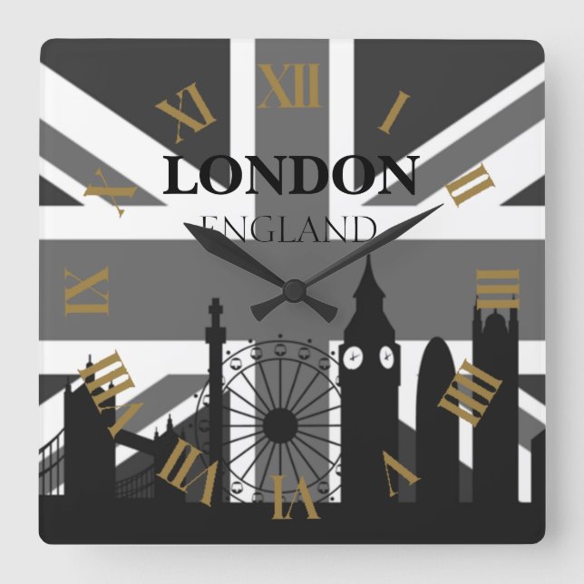 Horloge Carrée Très Cool Black Grey Londres Union Jack (Recto)
