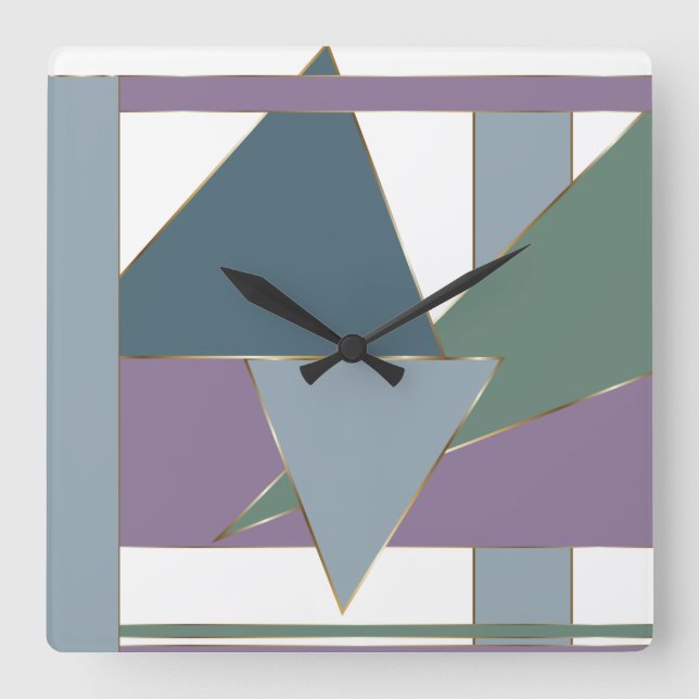 Horloge Carrée Triangle géométrique Motif bleu violet vert (Recto)