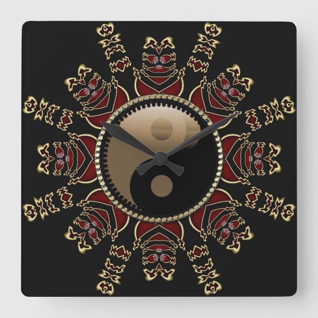 Horloge Carrée Tribal Red+Gold YinYang Geometric Sun (Recto)